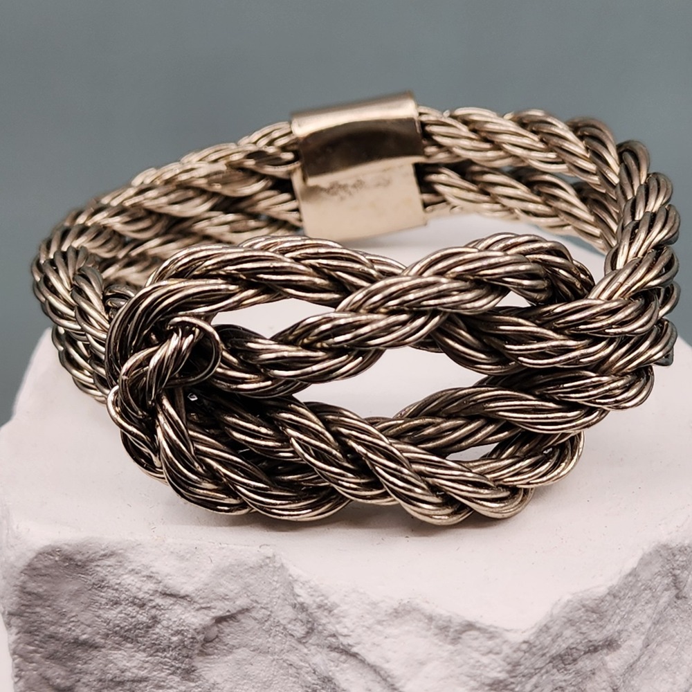 Silver Tone Braided Rope Chain Wide Chunky Statement Bracelet Textured Metal